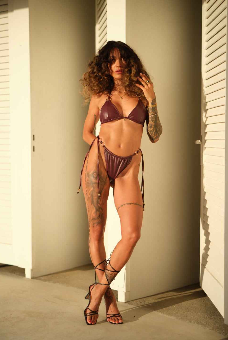 Lumière - Leather Bikini Top in Burgundy