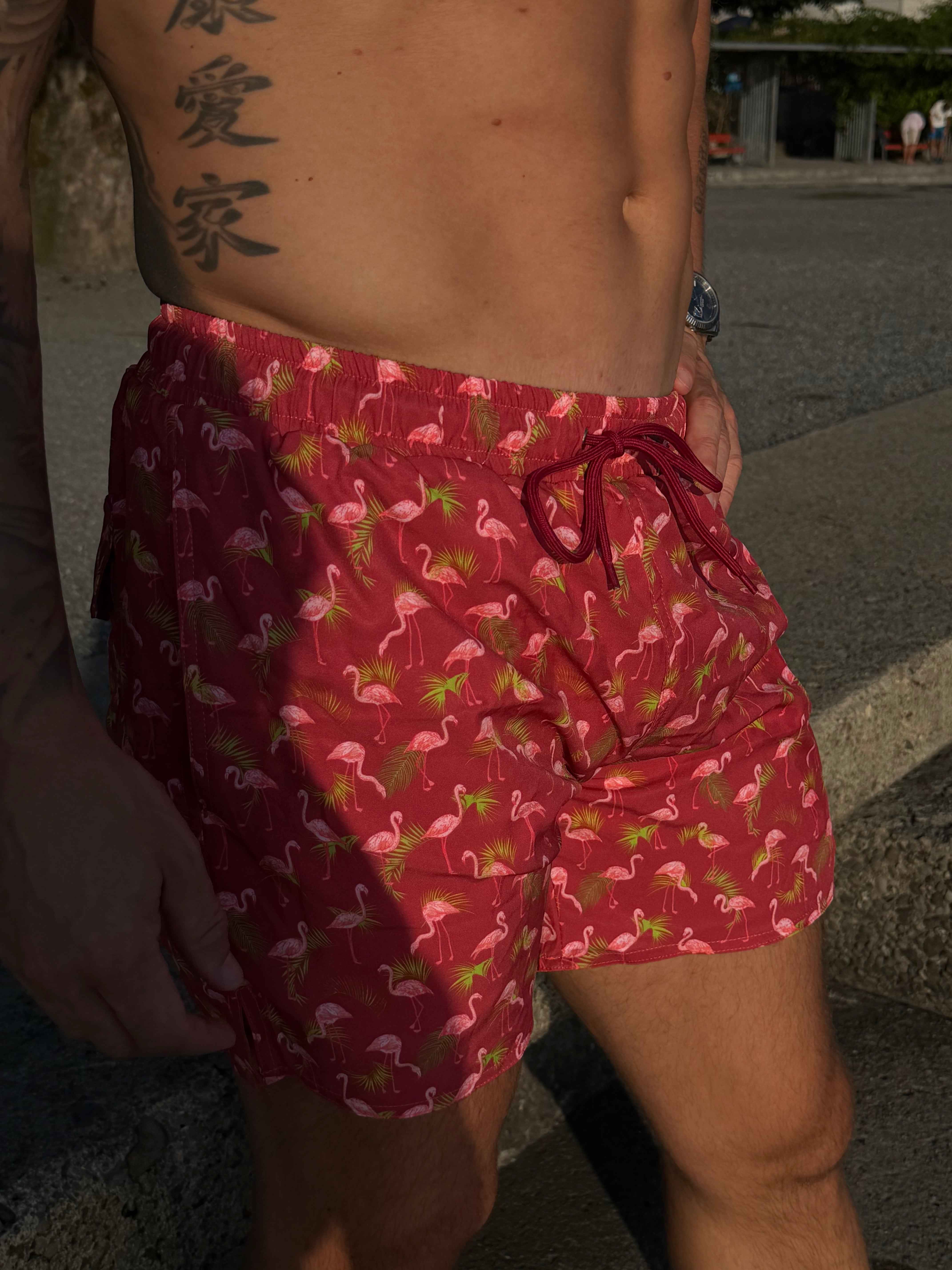 Badehose - Brown Flower in Pink Flamingo
